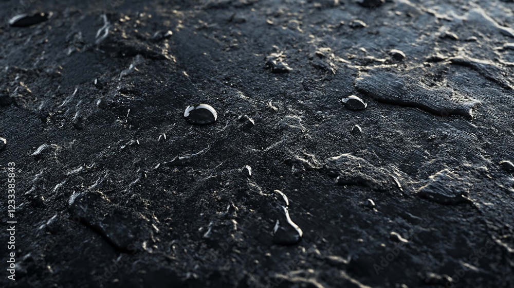 Poster dark textured surface with water droplets creating a wet and reflective appearance