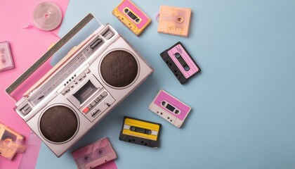 Retro boombox and cassette tapes on a pink and blue background.