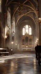Fototapeta premium Sunlit church interior with grand organ