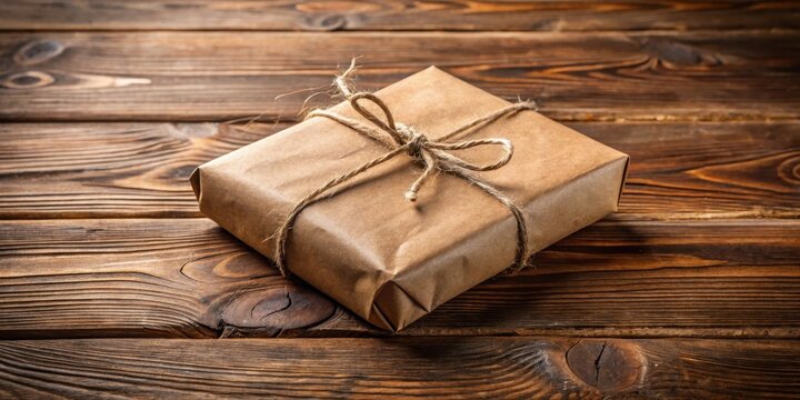 Old brown paper parcel wrapped in twine and tied with a string on a wooden table, delivery, wrapping paper