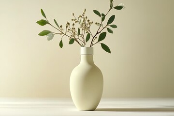 Elegant cream vase with green floral branches on beige background, minimalist home decor, studio shot