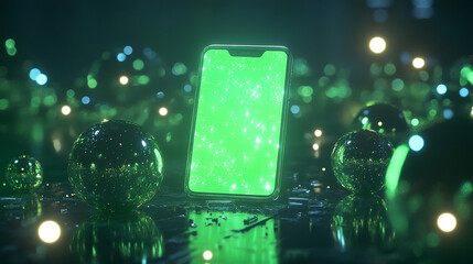 A glowing smartphone surrounded by luminous spheres in a futuristic, digital environment
