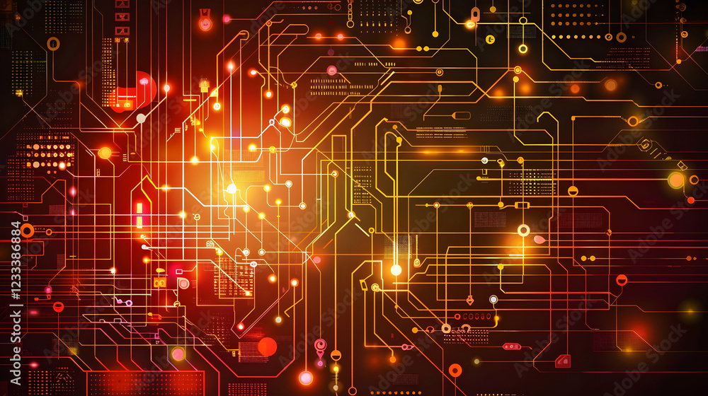 Poster abstract digital circuit design with glowing elements and lines.