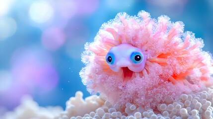 Cute pink sea creature on coral, ocean bokeh background, underwater wildlife, stock photo