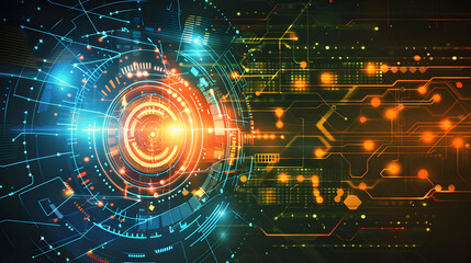 Fototapeta premium Abstract digital design with glowing circuits and data patterns.
