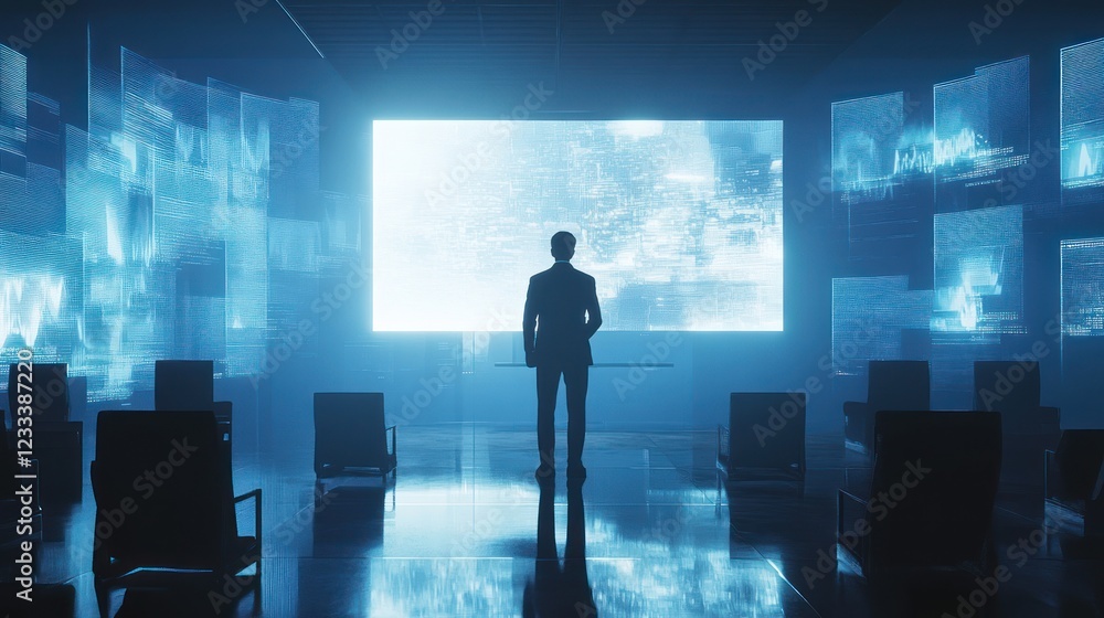 Poster a lone figure contemplates futuristic data streams displayed across a large screen in a modern, diml