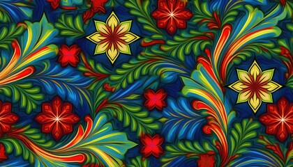 Vibrant, Festive Seamless Tiles Design for Christmas Decor, Infusing Holiday Cheer with Red, Green, and Gold Motifs, Ideal for Wallpaper or Postcards.