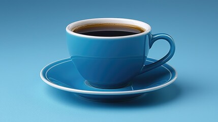 Obraz premium A vibrant blue coffee cup filled with black coffee on a matching saucer against a blue background.