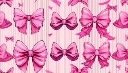 Seamless Pink Bow Pattern on Striped Background Vibrant and Coquettish, Ideal for Girls Accessories or Decorative Designs