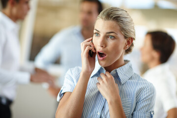 Business woman, phone call and surprise with shock at meeting for bad news, stress and notification in office. Person, smartphone and information with wow, networking or announcement at insurance job