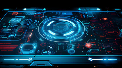Obraz premium Futuristic digital interface with glowing elements and data displays.