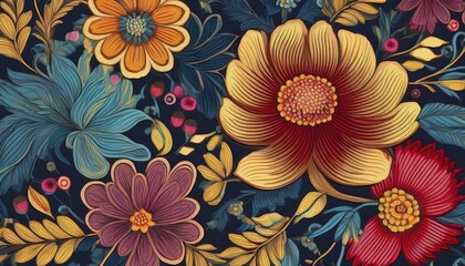 Vibrant Flower Pattern Embroidered onto Rich Fabric Texture, Showcasing a Bouquet of Blooms in a Stylized Manner, Perfect for Decorative Art and Fashion Accessories.