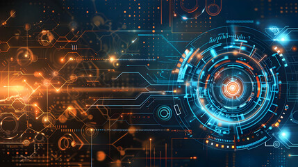 Abstract digital design with glowing circuits and futuristic elements.