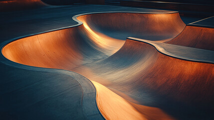 Sunset light illuminating smooth curves of a modern skatepark with empty ramps and shadows