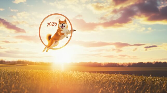 Spirited Shiba Inu Dog Jumping Through "2025" Hoop with Vibrant Sunset Backdrop: Adventurous New Year Celebration for Pet-Themed Active Lifestyle Promotions and Sports Events.