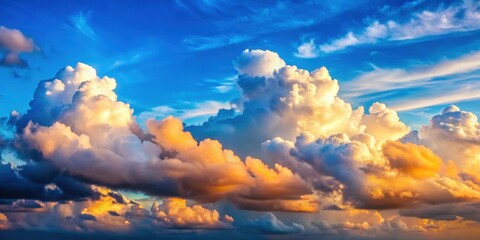 Softly glowing cumulus clouds float across a brilliant blue sky at sunrise