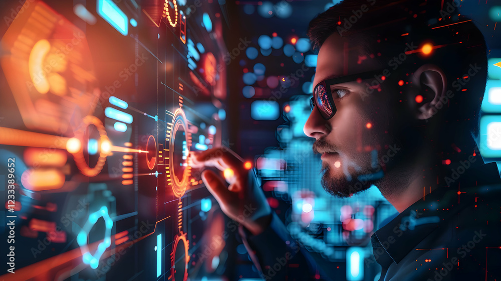Poster a focused individual interacts with a futuristic digital interface, showcasing technology and data.