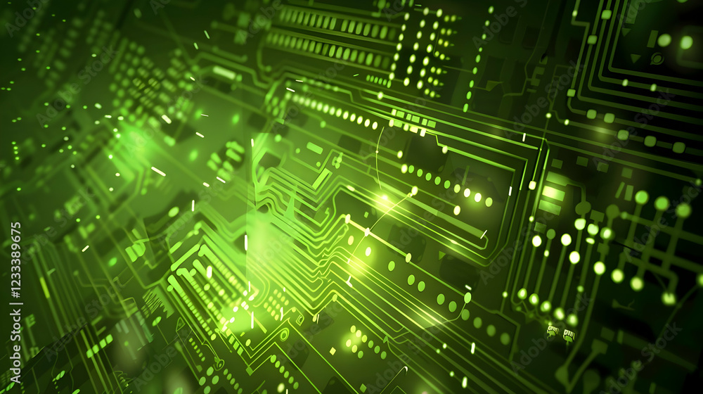 Poster abstract representation of a green circuit board with glowing lines and nodes.