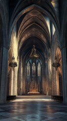 Obraz premium Grand cathedral interior, sunlight streams in.