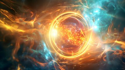 Obraz premium Abstract cosmic scene featuring a glowing orb amidst swirling colors and light.