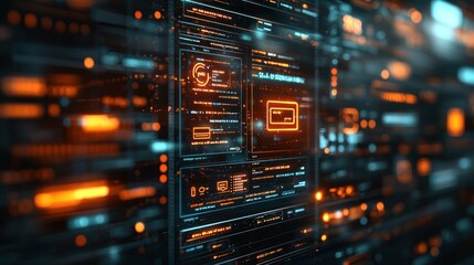 Digital interface with orange data stream on dark background for tech visualization