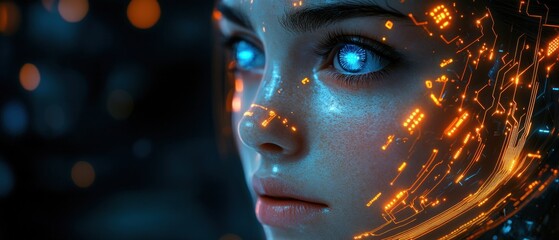Futuristic portrait of woman with glowing circuitry details