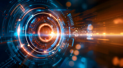 Fototapeta premium Abstract digital design featuring futuristic circular patterns and vibrant light trails.