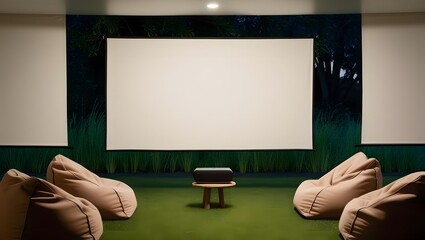 Indoor projector setup with cozy beanbag chairs and green turf lawn