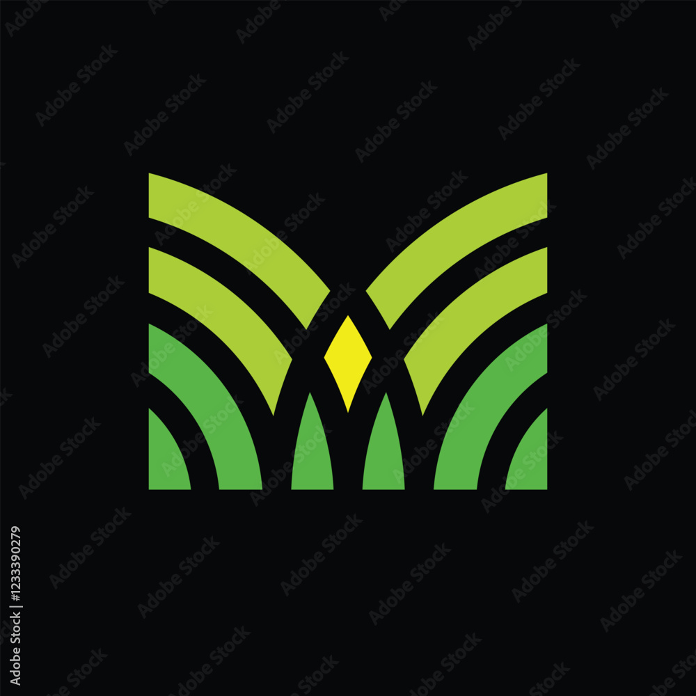 Poster the image shows an abstract logo design of an initial letter m in green color that looks fresh and c