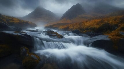 Fototapeta premium Misty mountain stream flows through autumnal valley