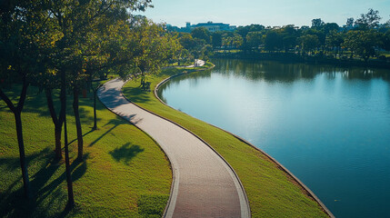 Serene park landscape with a winding pathway beside a calm lake, surrounded by lush trees and blue skies