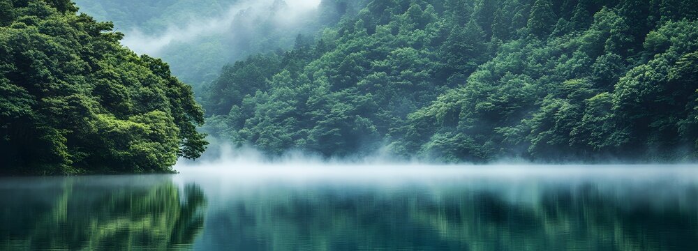 A tranquil lake with mist rising from the water, surrounded by lush green forests
