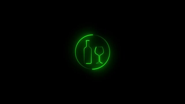glowing neon line wine glass line Icon Animation.drink wine concept.neon alcohol drink Rum bottle and glass icon isolated on black background.