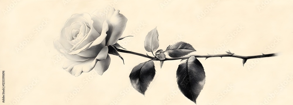 Poster a delicate sketch of a single rose with soft shading on textured paper