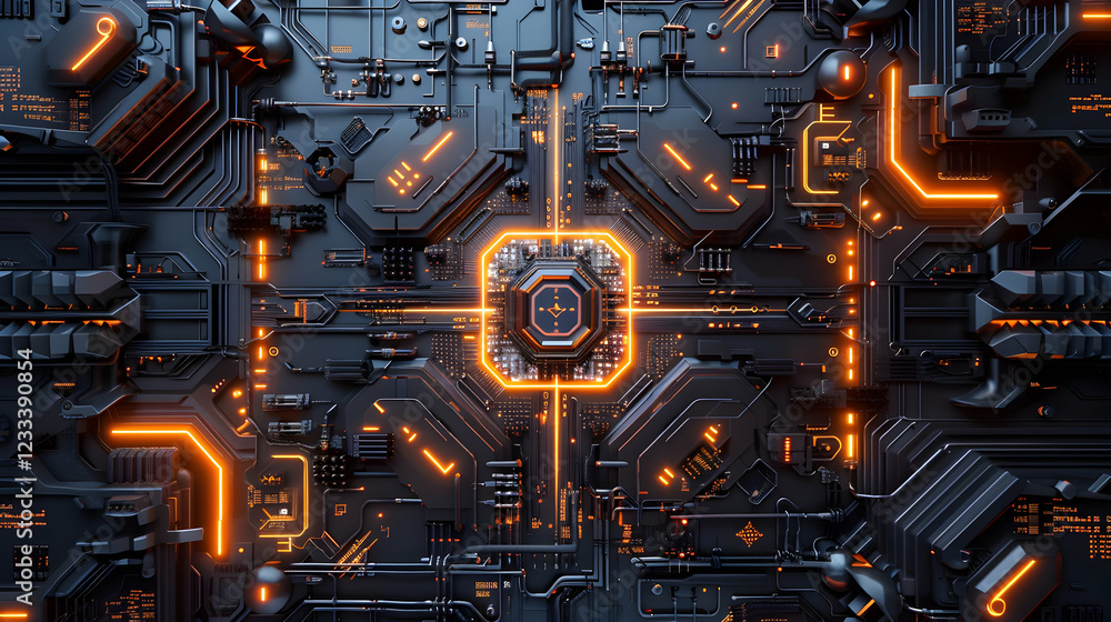 Poster futuristic circuit board design with glowing orange elements and intricate details.