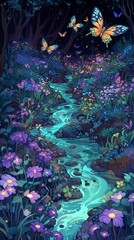 Fototapeta premium Enchanting Moonlight Stream in a Magical Forest with Butterflies
