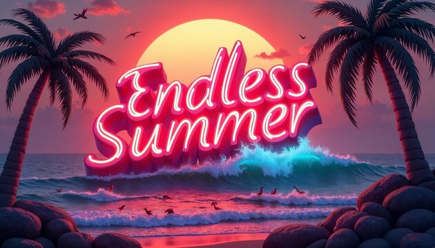 Endless summer neon sign on a tropical beach at sunset. Concept of vacation, travel, and relaxation.