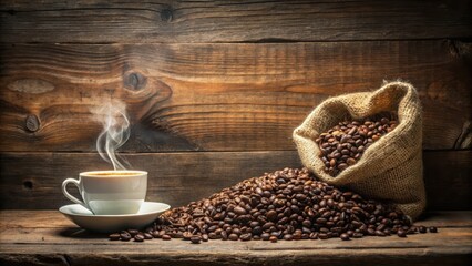 Coffee on burlap sack with heart shape smoke and coffee beans on old wooden background, vintage, earthy,  vintage, earthy