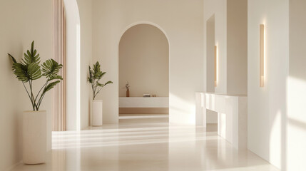 Modern interior design featuring minimalist decor, natural light, and greenery. space includes elegant arches, light colored walls, and stylish planters, creating serene atmosphere