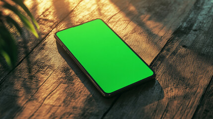 A smartphone with a green screen resting on a wooden table, illuminated by warm sunlight, ideal for tech mockups