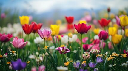 Obraz premium Vibrant Tulip Field Blooming with Colorful Spring Flowers Nature Landscape Scenic View