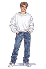 Fototapeta premium Clipart of a happy individual in white sweatshirt and jeans, illustrated with clean lines and soft tones.