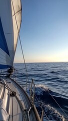 Sailboat sailing on calm ocean at sunset.