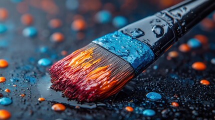 Fototapeta premium Close-up of paintbrush with vibrant colors on wet surface