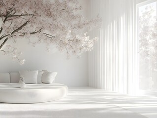 Serene White Room Decor with Cherry Blossom Tree