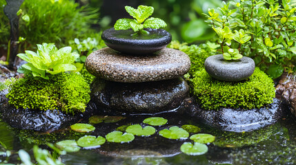 Serene garden pond, stacked stones, plants, zen