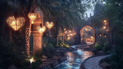 Obraz premium Enchanting Night Garden Path with Heart-Shaped Lanterns