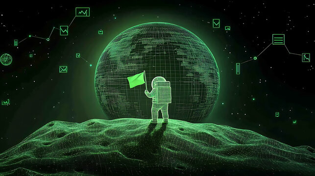 Astronaut on Pixelated Planet with Green Glow