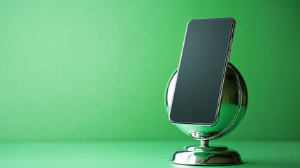 Modern smartphone displayed on a sleek globe stand against a vibrant green background