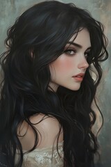 Naklejka premium A Dreamy Portrait Of A Woman With Long, Dark Hair, Wearing A Lace Top. The Painting Has A Soft, Romantic Feel, With Muted Colors And A Focus On The Woman'S Beauty.